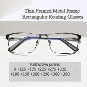 Black Thin Border Metal Frame Rectangular Reading Glasses, Gun Color Business Casual Office Style, Fashion, Trendy, Daily Additions, Reading Glasses Refractive Power: +50 +75 +125 +225 +275 +325 +100 +150 +200 +250 +300 +350